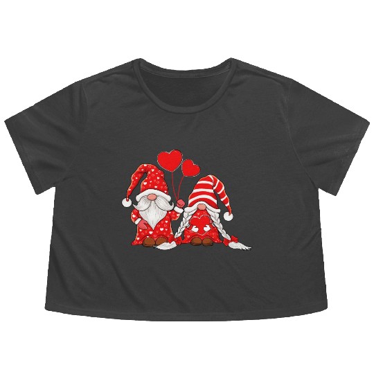 Gnomes Couple Holding Hearts Love Pattern Flowy Cropped Tees