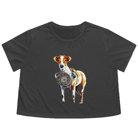 Brown White Greyhound Dog With Old Looking Clock Flowy Cropped Tees