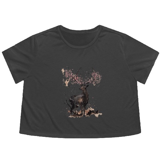 Deer Cherry blossoms Sakura tree Sumie Flowy Cropped Tees