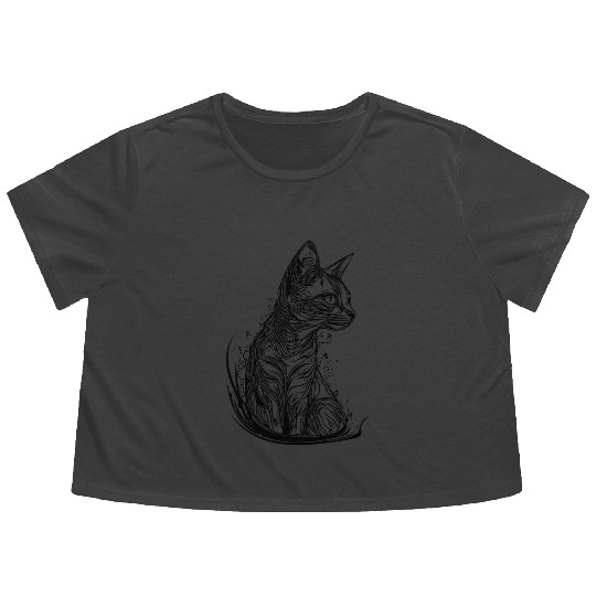 Cute Little Cat In Vintage Tattoo Style Flowy Cropped Tees