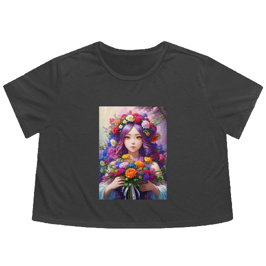 Spring Girl with a bouqet of flowers garland #4 Flowy Cropped Tees