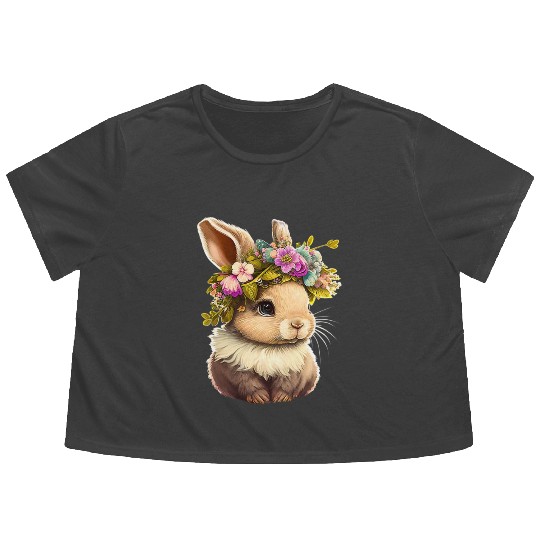 Easter Bunny Rabbit Women Happy Bunny Flower Grap Flowy Cropped Tees