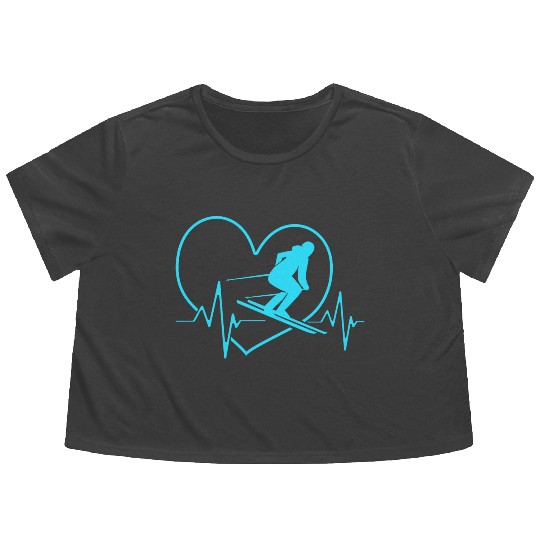 Ski Skier For Women Skiing Heartbeat Flowy Cropped Tees