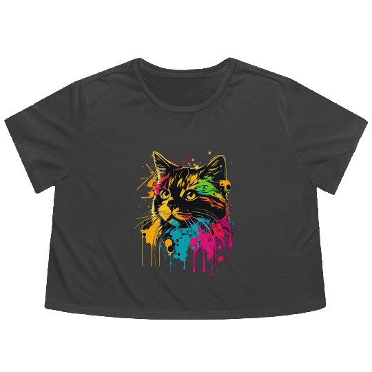 realistic cat meow outline wpap colorful Flowy Cropped Tees
