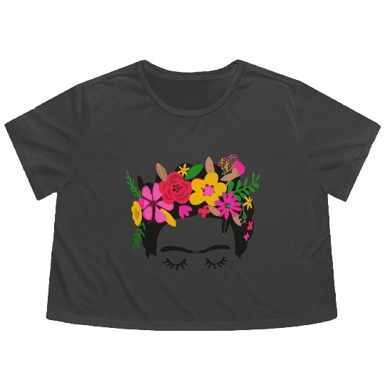 Frida Kahlo Illustration Floral Boho Style Mexican Flowy Cropped Tees