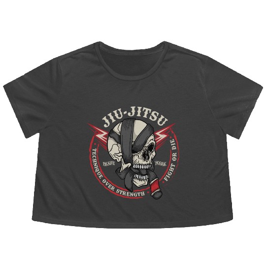 BJJ Skull - Fight or Die, Technique Over Strength Flowy Cropped Tees