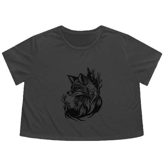Pretty Cute Tattoo Style Fox In The Forest Flowy Cropped Tees