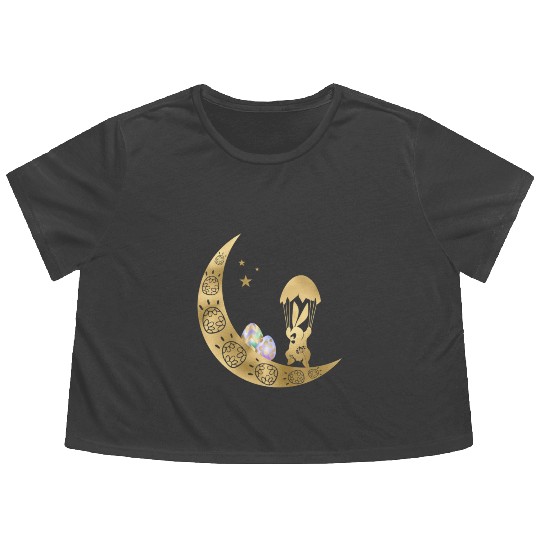 Happy Easter | Golden Cute Bunny With Egg Flowy Cropped Tees