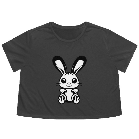 Adorable 2D Easter Bunny with a Bold Black Outline Flowy Cropped Tees