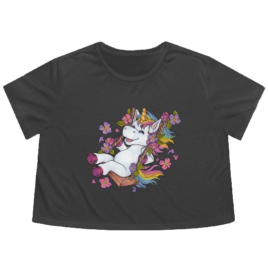 Cute unicorn on swing Flowers Spring gift children Flowy Cropped Tees