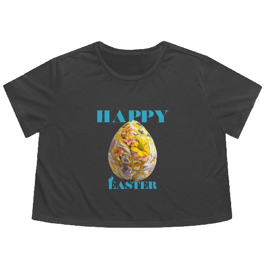 Happy Easter Egg Design with Floral Elements Flowy Cropped Tees