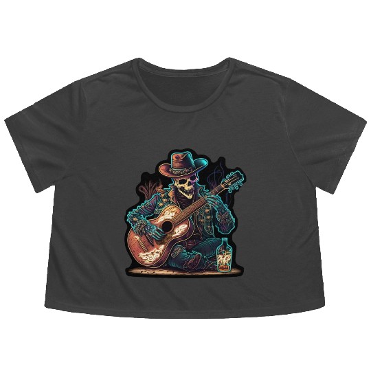cowboy skeleton play guitar Flowy Cropped Tees