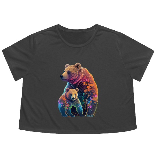Mother Bear and Cub Sublimation Graphic Wild Life Flowy Cropped Tees