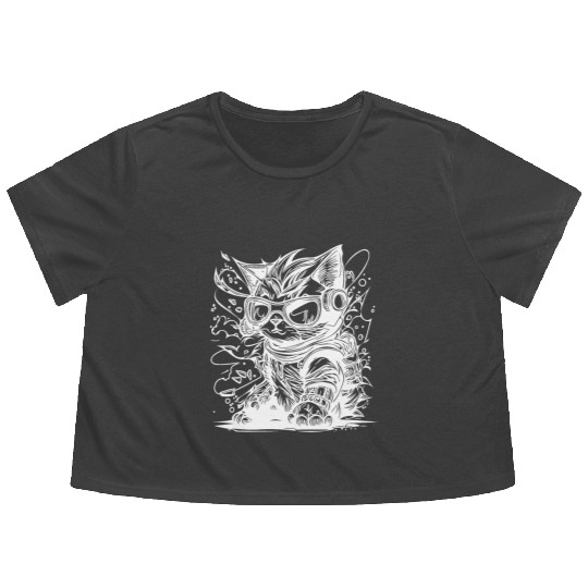 Little Cool Space Cat Splash Tattoo Style Flowy Cropped Tees