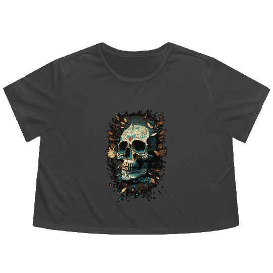 Skull Dia de los Muertos Halloween Tattoo Gift Flowy Cropped Tees