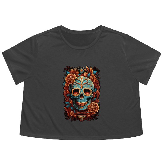 Skull Dia de los Muertos Halloween Tattoo Flowy Cropped Tees
