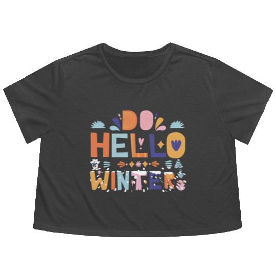 Cute Hello Winter with Snow and Fun Art Flowy Cropped Tees
