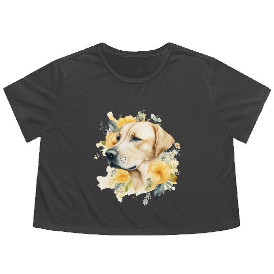 Yellow Lab Dog Watercolor Floral Flowy Cropped Tees