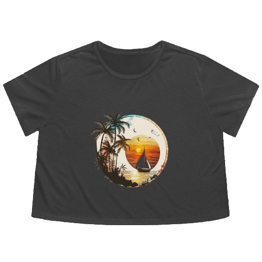 Beach Sunset Sailboat Palm Trees Ocean Vacation 2 Flowy Cropped Tees