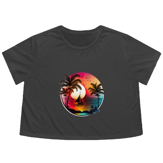Beach Sunset Sailboat Palm Trees Ocean Vacation 1 Flowy Cropped Tees