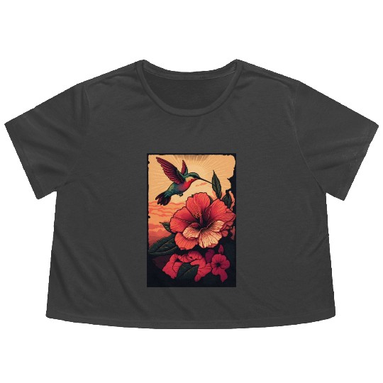 Hummingbird flies over hibiscus flower Tropical Flowy Cropped Tees