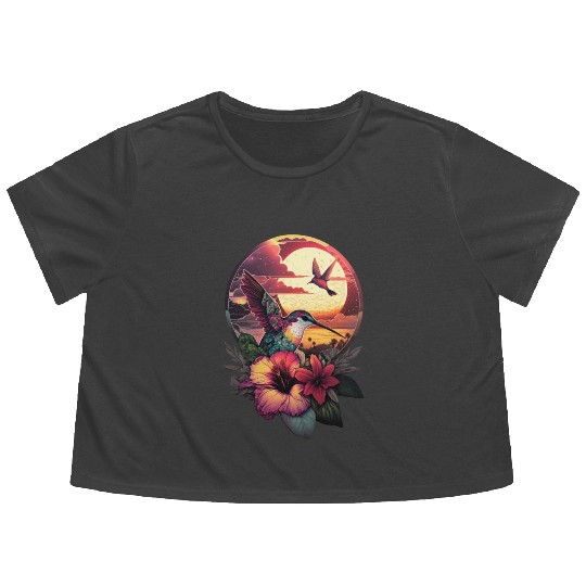 Hummingbird flies over hibiscus flower Tropical Flowy Cropped Tees