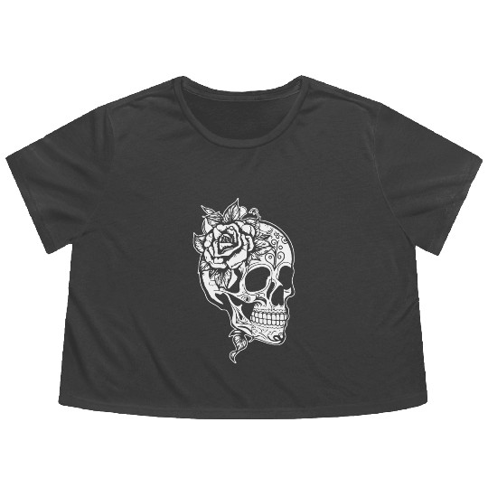 Skull Dia de los Muertos Halloween Tattoo Rose Flowy Cropped Tees