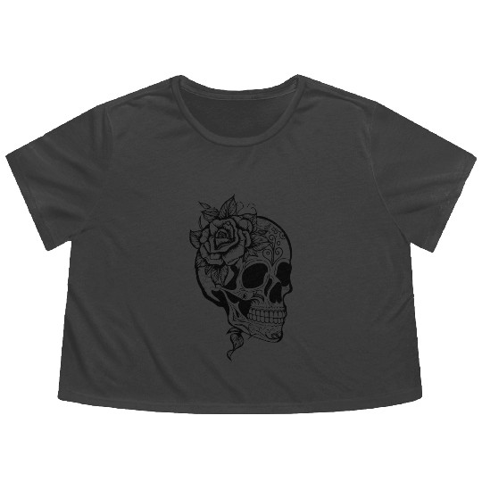 Skull Dia de los Muertos Halloween Tattoo Rose Flowy Cropped Tees