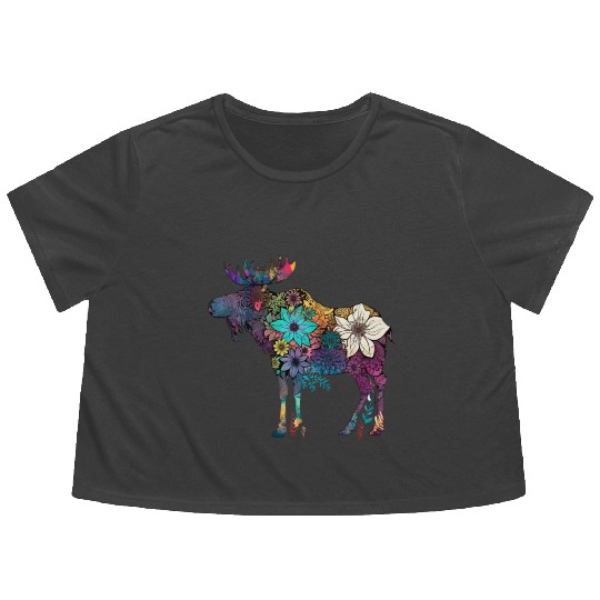 Floral Moose Elk Deer Wild Animal Watercolor Flowy Cropped Tees