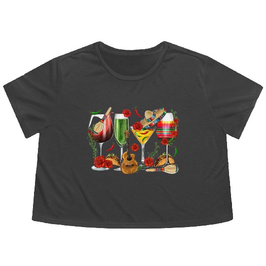 Mexico Wine Tequila Cinco De Mayo Mexican Fiesta Flowy Cropped Tees