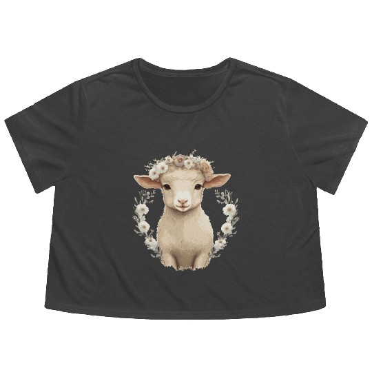 Cute Lamb Flower Crown Sheep Baby Floral Farm Anim Flowy Cropped Tees