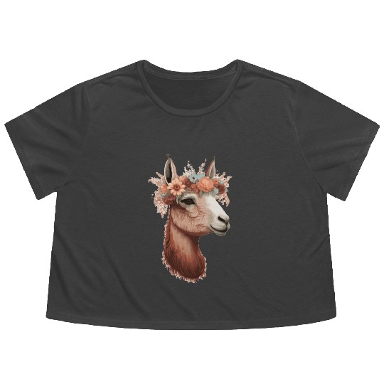 Flower Crown Llama Alpaca Floral Farm Animal Pet Flowy Cropped Tees
