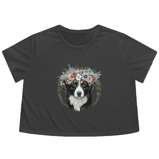 Border Collie Flower Crown Pet Dog Breed Floral Fa Flowy Cropped Tees