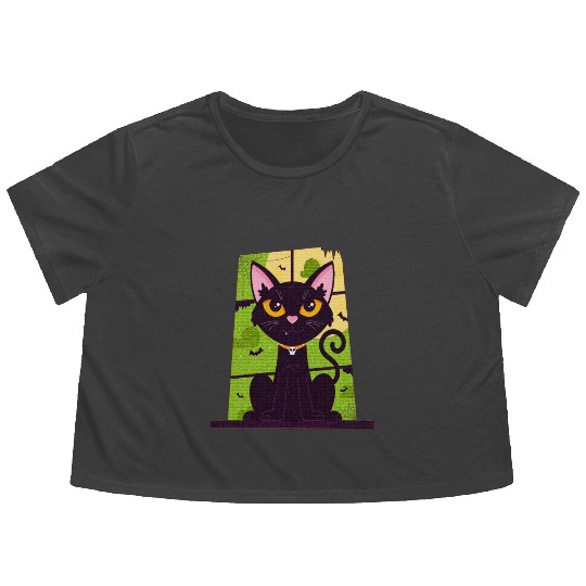 Cat Daddy Black Cat Vintage Eighties Style Cat Flowy Cropped Tees