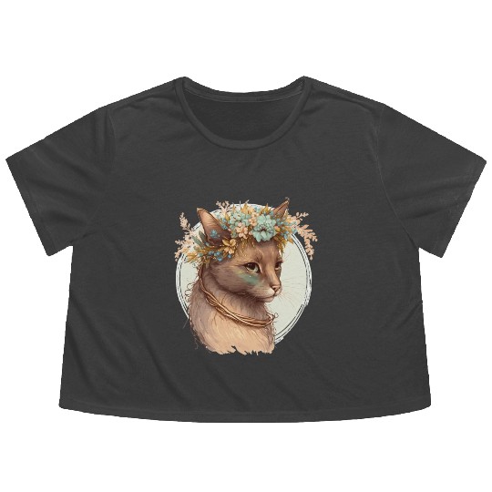 Cute Havana Brown Cat Flower Crown Cats Pet Kitten Flowy Cropped Tees