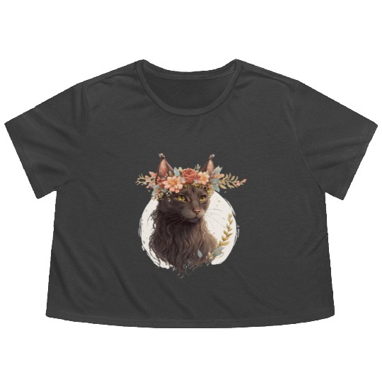 Cute Havana Brown Cat Flower Crown Cats Pet Kitten Flowy Cropped Tees