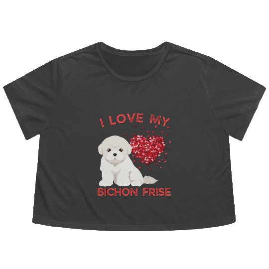 I love my Bichon Frise Cute valentines puppy dog Flowy Cropped Tees