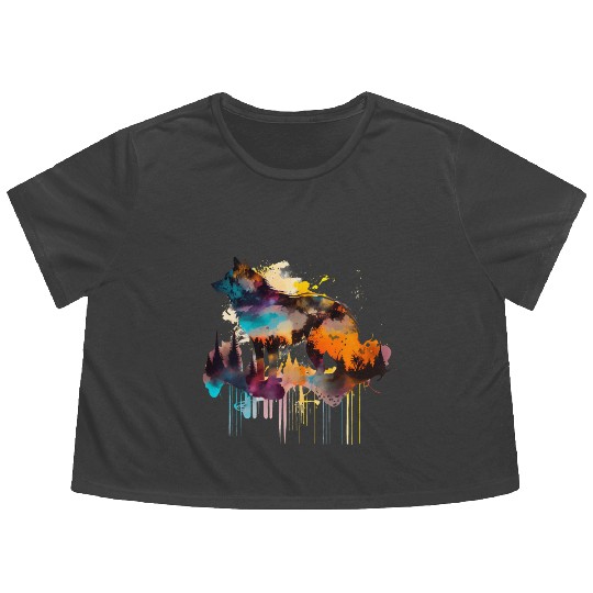 Mountain Wolf Multicolor Watercolor Portrait Flowy Cropped Tees