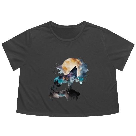 Mountain Wolf Multicolor Watercolor Portrait Flowy Cropped Tees