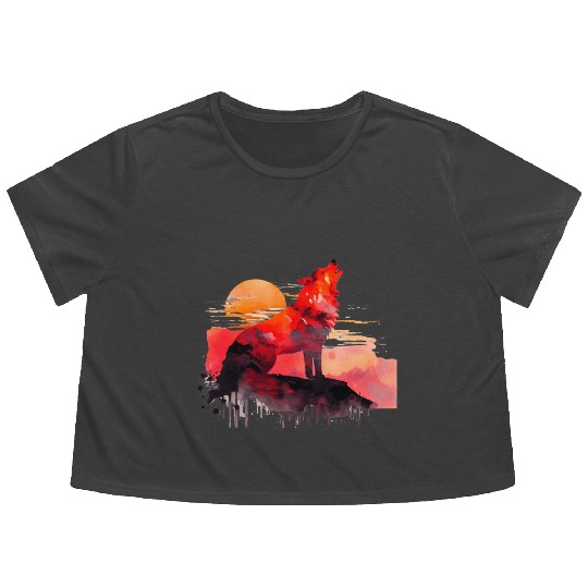 Red Wolf Watercolor Portrait Flowy Cropped Tees