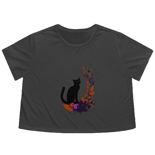 Black cat with plants Flowy Cropped Tees