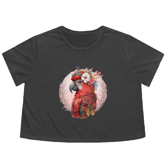 Red Scarlet Macaw Flower Crown Parrot Watercolor B Flowy Cropped Tees