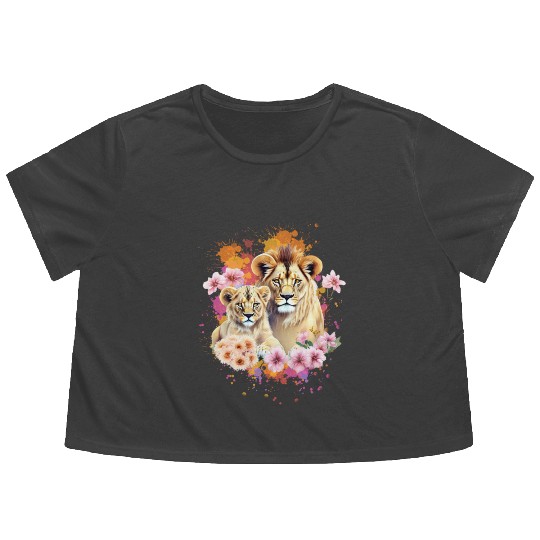 Lion Mom & Son Cubs with Flower Watercolor Flowy Cropped Tees
