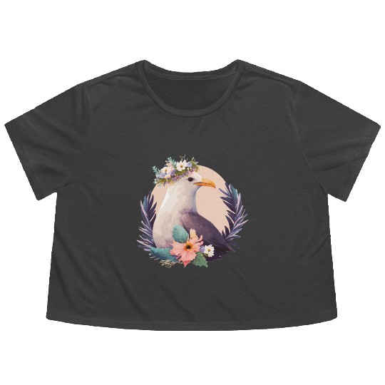 Cute Seagull Bird Flower Crown Floral Birds Flowy Cropped Tees