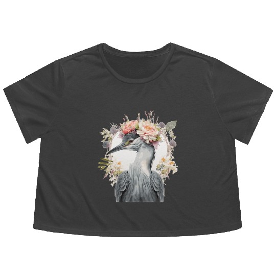 Watercolor Heron Freshwater Bird Flower Crown Flor Flowy Cropped Tees