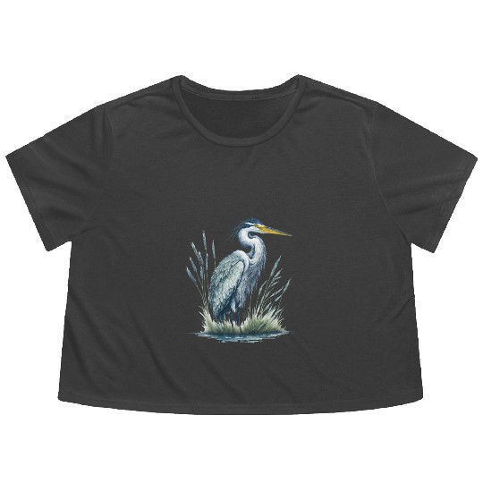 Watercolor Heron in Nature Flowy Cropped Tees