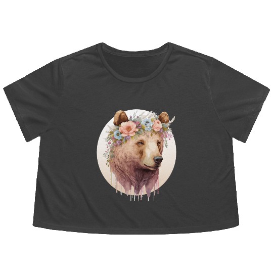 Watercolor Brown Bear Grizzly Flower Crown Wild An Flowy Cropped Tees