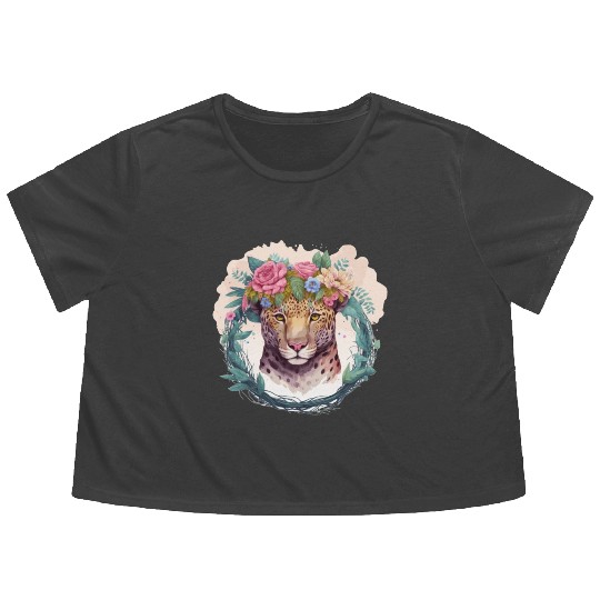 Jaguar Flower Crown Floral Watercolor Flowy Cropped Tees