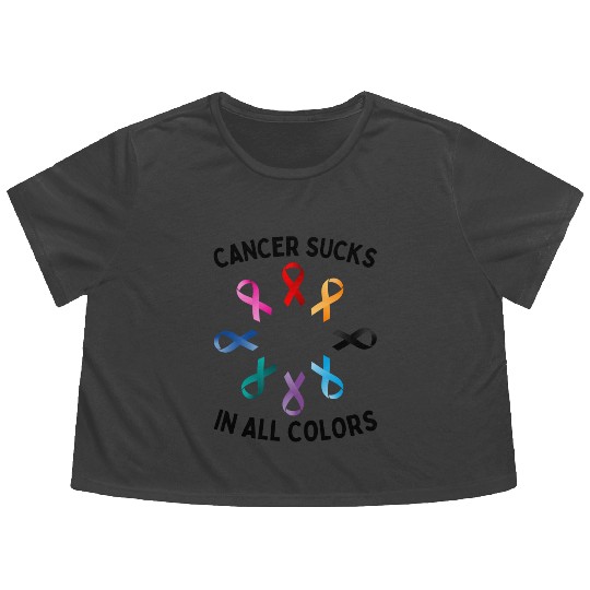 Cancer Sucks In All Colors Cancer Awareness Ribbon Flowy Cropped Tees