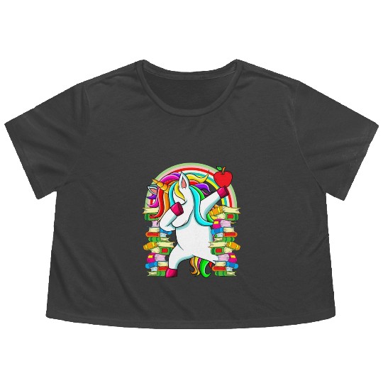 Womens Reading Teacher Dabbing Unicorn Elementary Flowy Cropped Tees